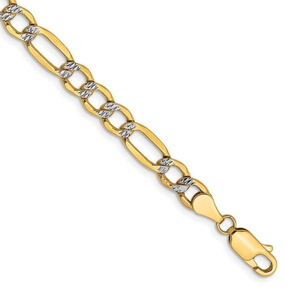 14k Yellow Gold 9in 5.25mm Semi-Solid Rhodium Pav‚ Figaro Lobster Clasp Chain